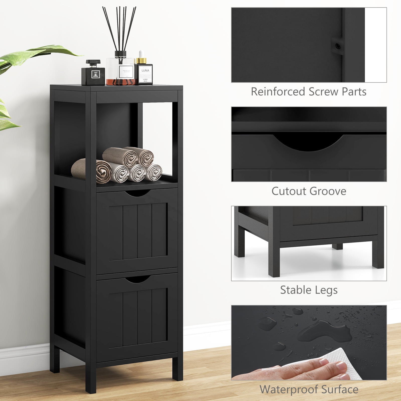 Giantex Narrow Storage Bathroom Cabinet, Freestanding Floor Cabinet w/2 Removable Drawers, Black