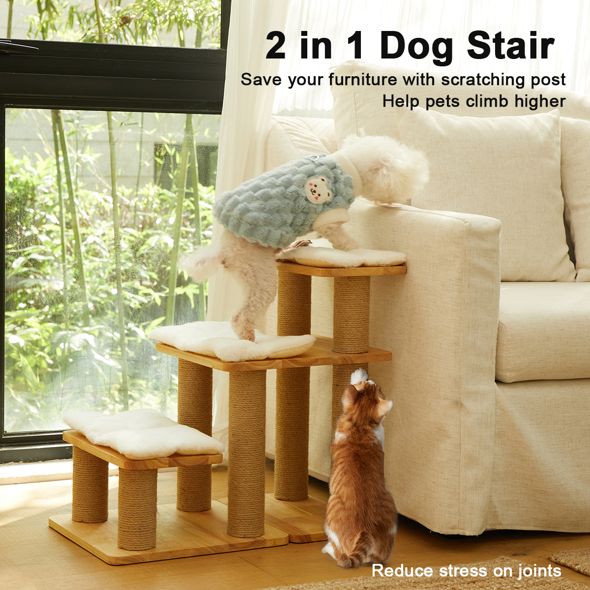FUKUMARU Dog & Cat Stairs with Scratching Post, Wooden, over 6 Combinations