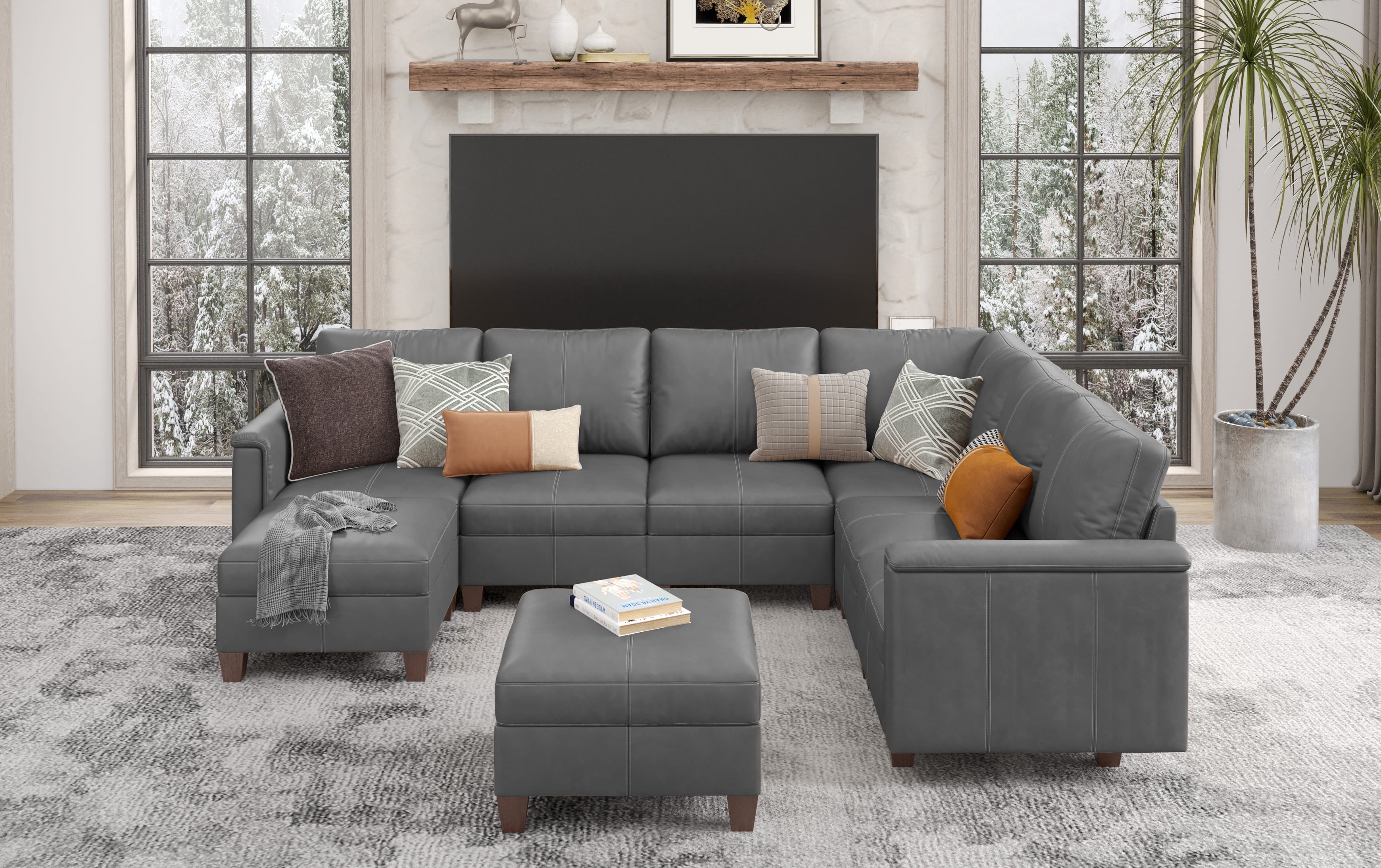 SITJOY 118" Faux Leather Modular Sectional Couches with Storage, Convertible 8 Seat U-Shaped Sectional Sofa with Ottoman for Living Room, Gray