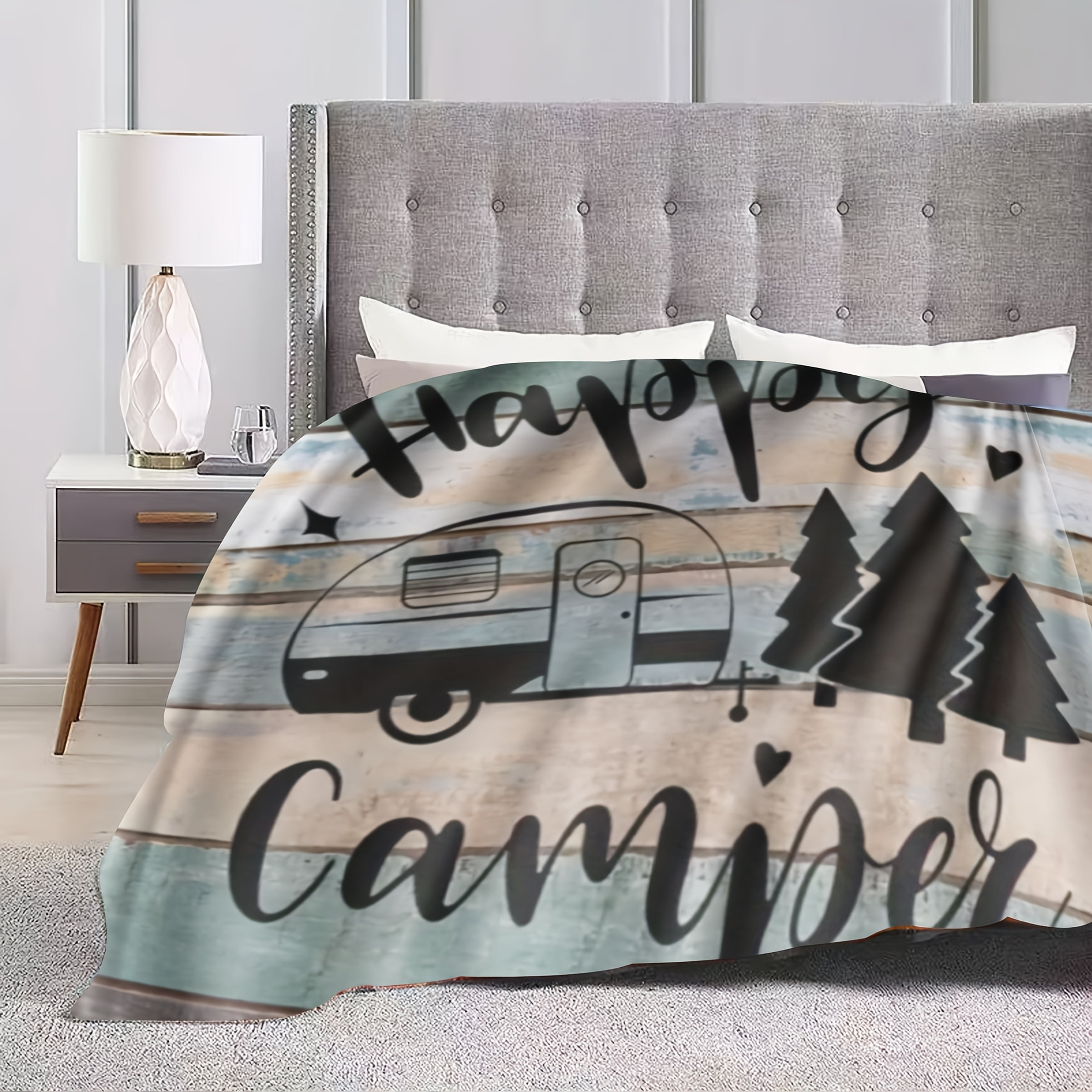 Cozy "Happy Camper" Flannel Throw Blanket Ideal for Sofa Office Bed Chair Travel Lightweight All Season Camping Decor with Vintage Van Pine Tree Design Perfect Gift for Men Women Camping