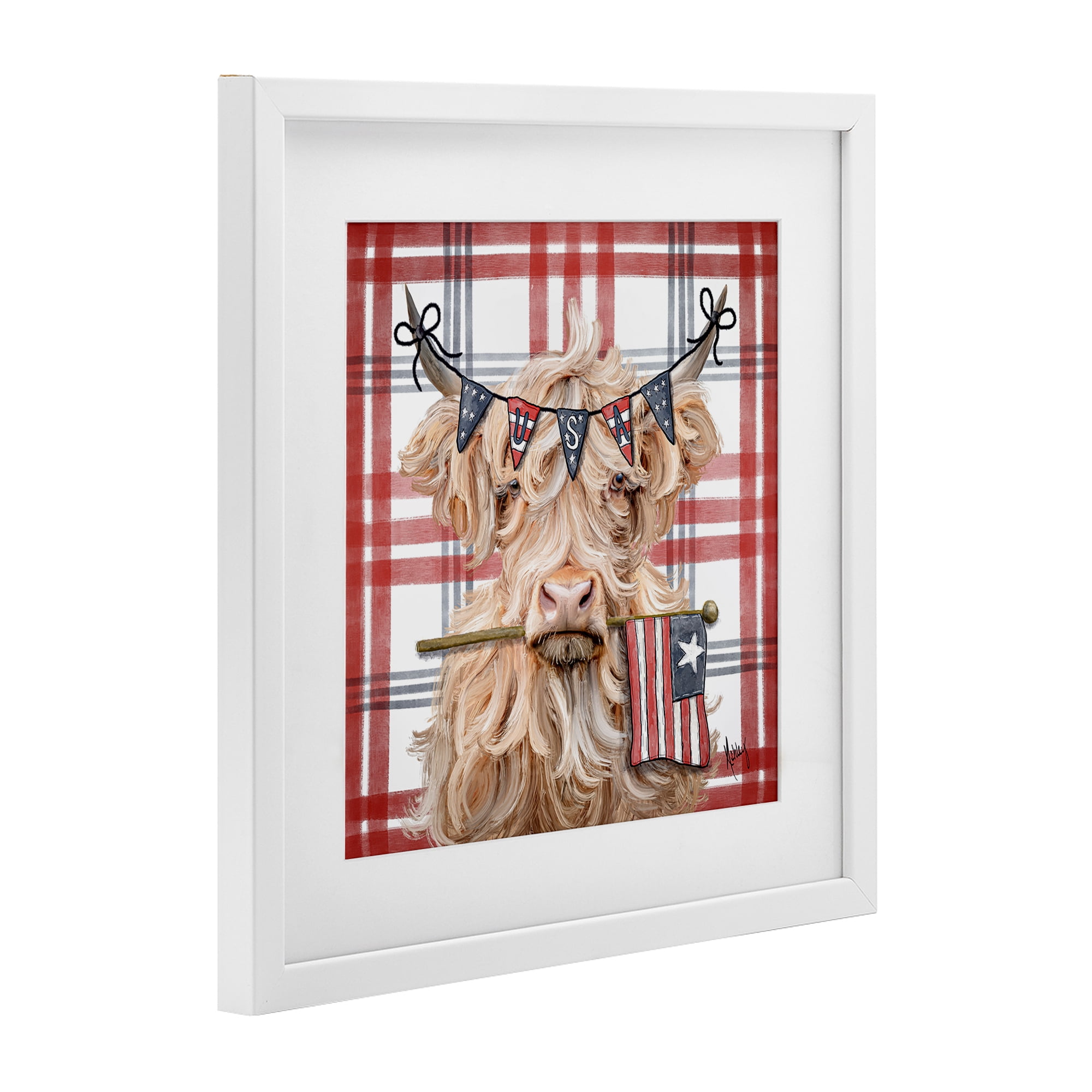 USA Plaid Highland Cattle White Framed Print Under Glass, design by Ashley Bradley