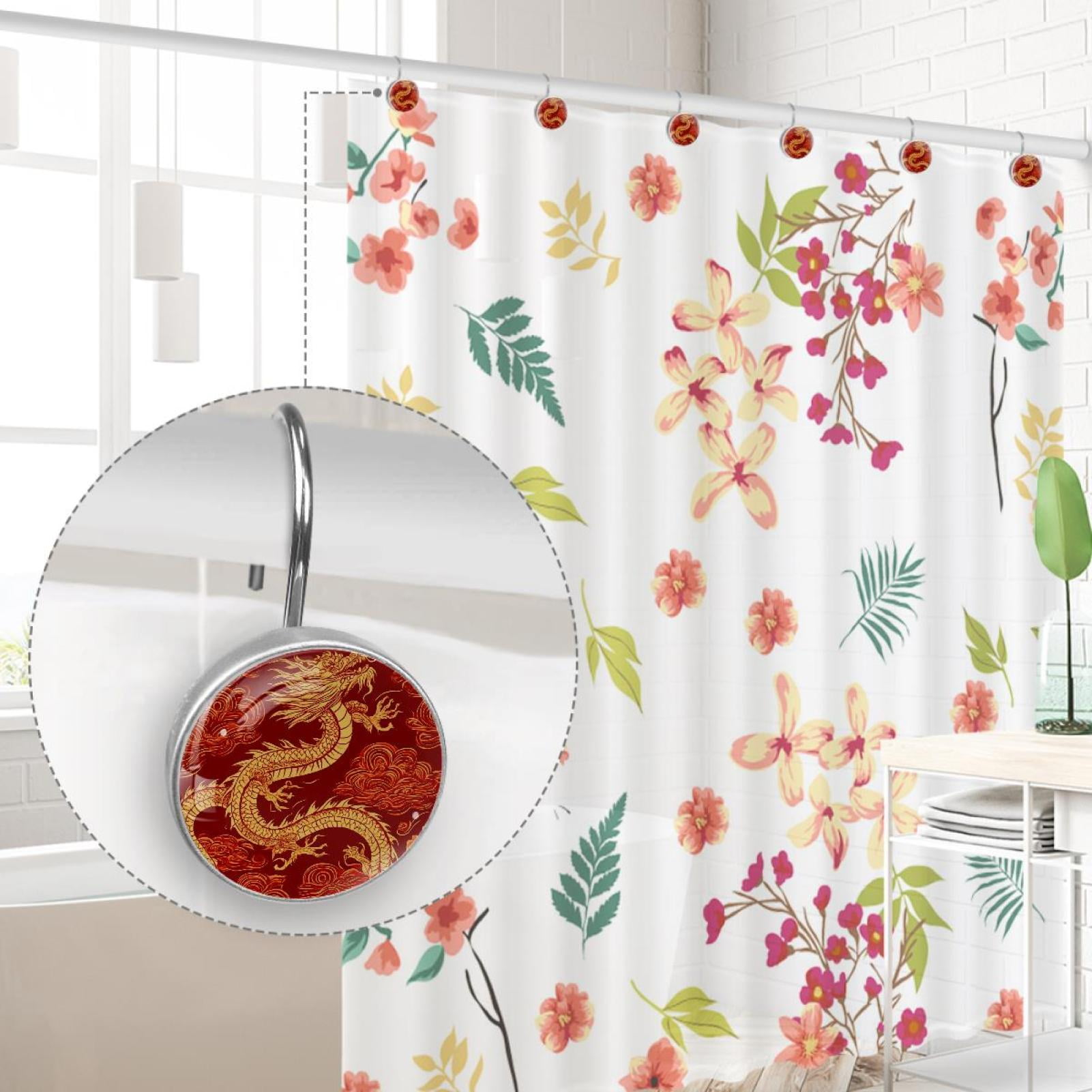 Gold Dragon Red Cloud Pattern Shower Curtain Hooks Round Crystal Glass, Set of 12 Shower Curtain Rings - Shower Hooks for Curtain Shower Rings