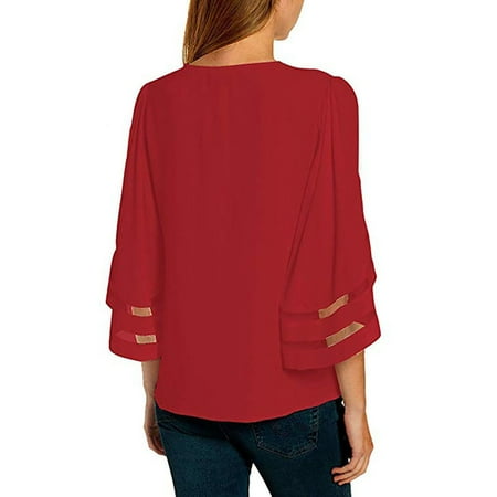 

Simplmasygenix Women Tops Summer Clearance Women V-Neck Solid Blouse Mesh Panel Blouse Bell Sleeve Loose Tops