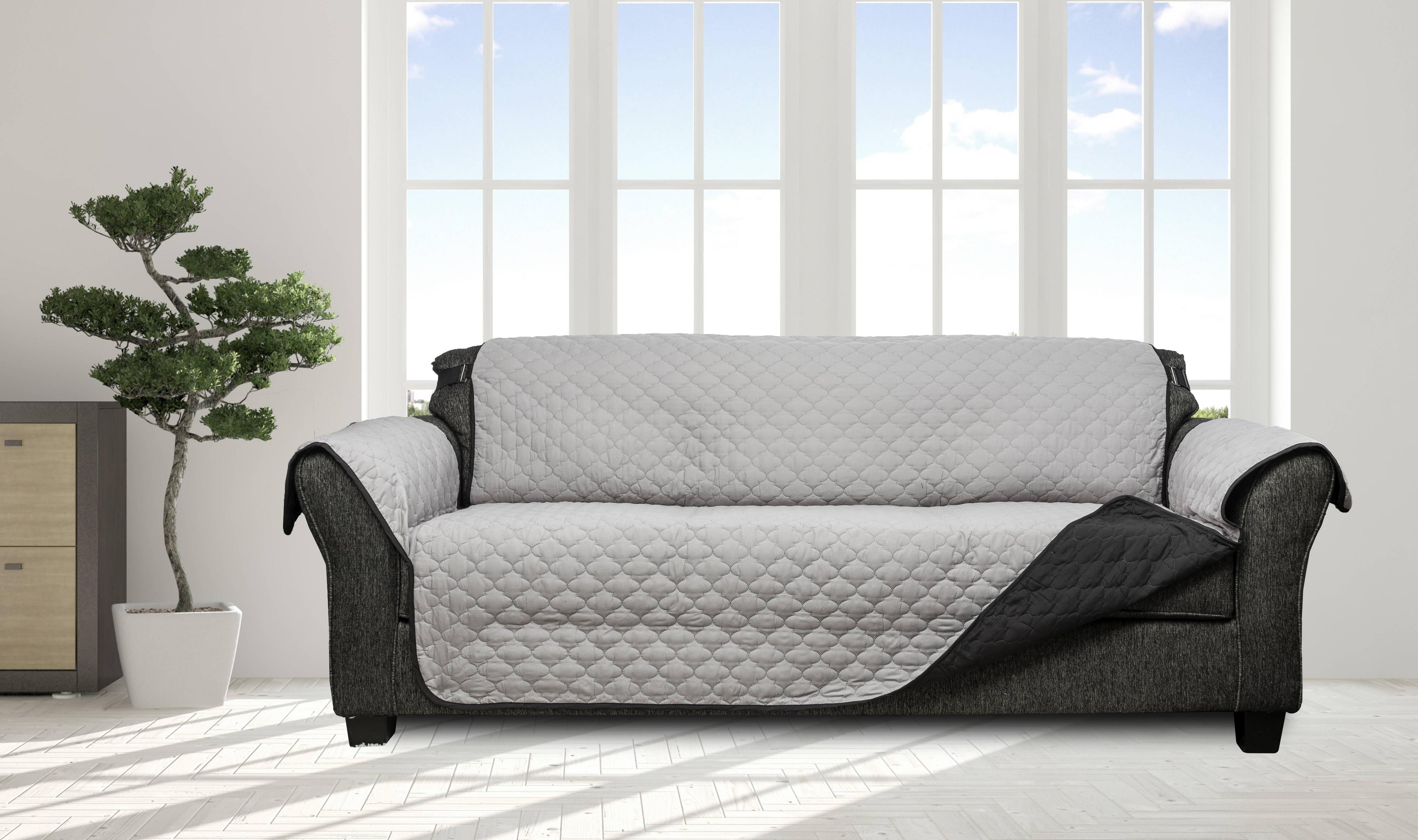 Silver/Black New Waterproof Quilted Microfiber Reversible Sofa Slipcover 