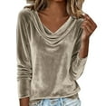 thumbnail image 2 of Delayuji Womens Velvet Shirts Cowl Neck Pleated Tops Elegant Ruched Long Sleeve Blouse Velvet Top Beige, 2 of 7