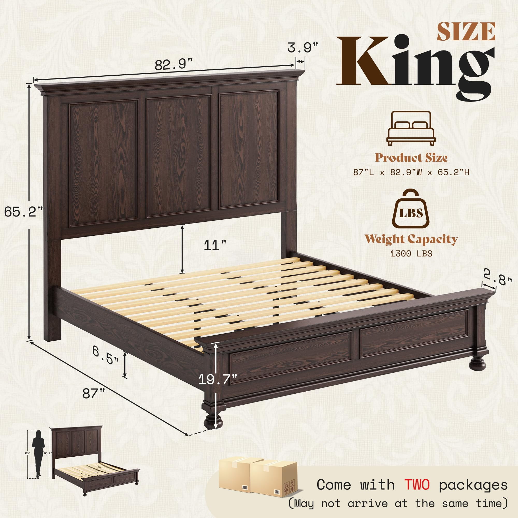 Amerlife Solid Wood King Bed Frame with 65.2" High Headboard, Traditional Platform Bed with Heavy Duty Slats, Easy Assembly, Dark Brown