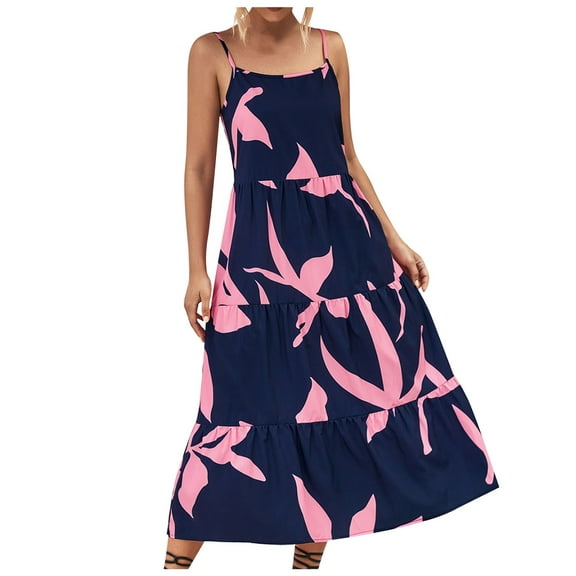 Edvintorg Women's Summer Floral Spaghetti Strap Sundress Womens Open-Back Sleeveless Drawstring Printed Temperament Flowy Maxi Dresses Blue S