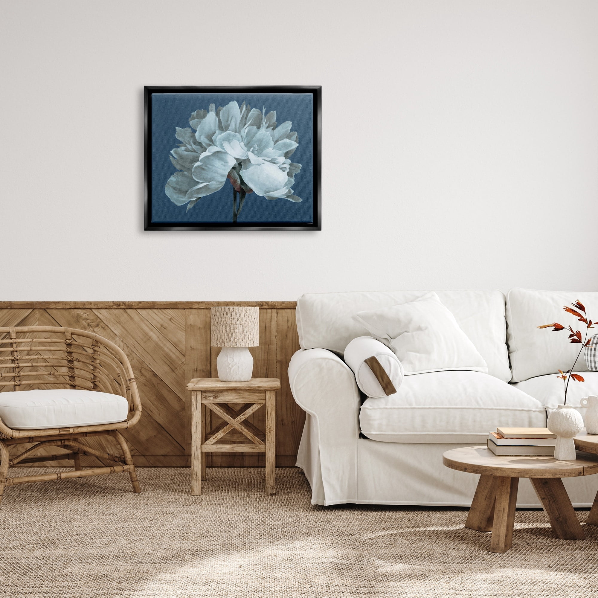 Stupell Industries Contemporary White Bloom Single Flower Sprig Graphic Art Jet Black Floating Framed Canvas Print Wall Art, Design by Liz Jardine