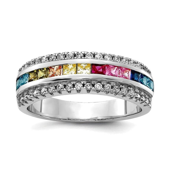 925 Sterling Silver Rhodium Plated Channel-set Colorful and Clear Cubic Zirconia Ring Size 6 Ring for Women