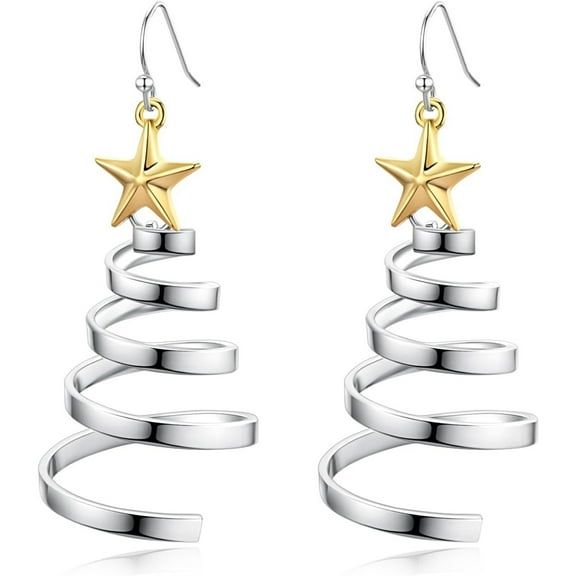 Handmade Christmas Tree Dangle Hoop Earrings Golden Silver Two Tone Women Holiday Gift, Thanksgiving Themed Earrings, Christmas Party Gift