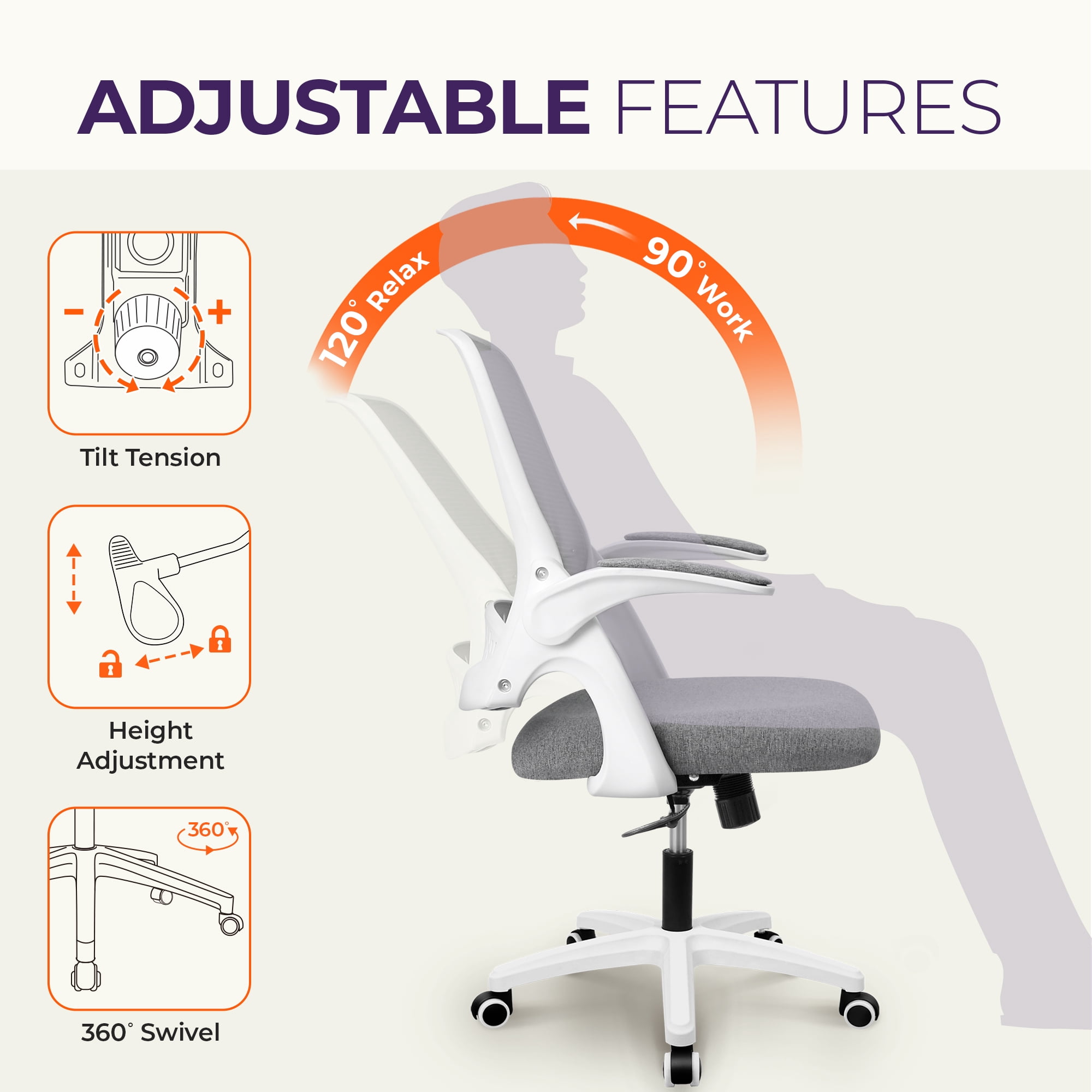 NEO CHAIR Office Chair, Flip-up Padded Armrests Desk Chair, Ergonomic Back Support, Gray