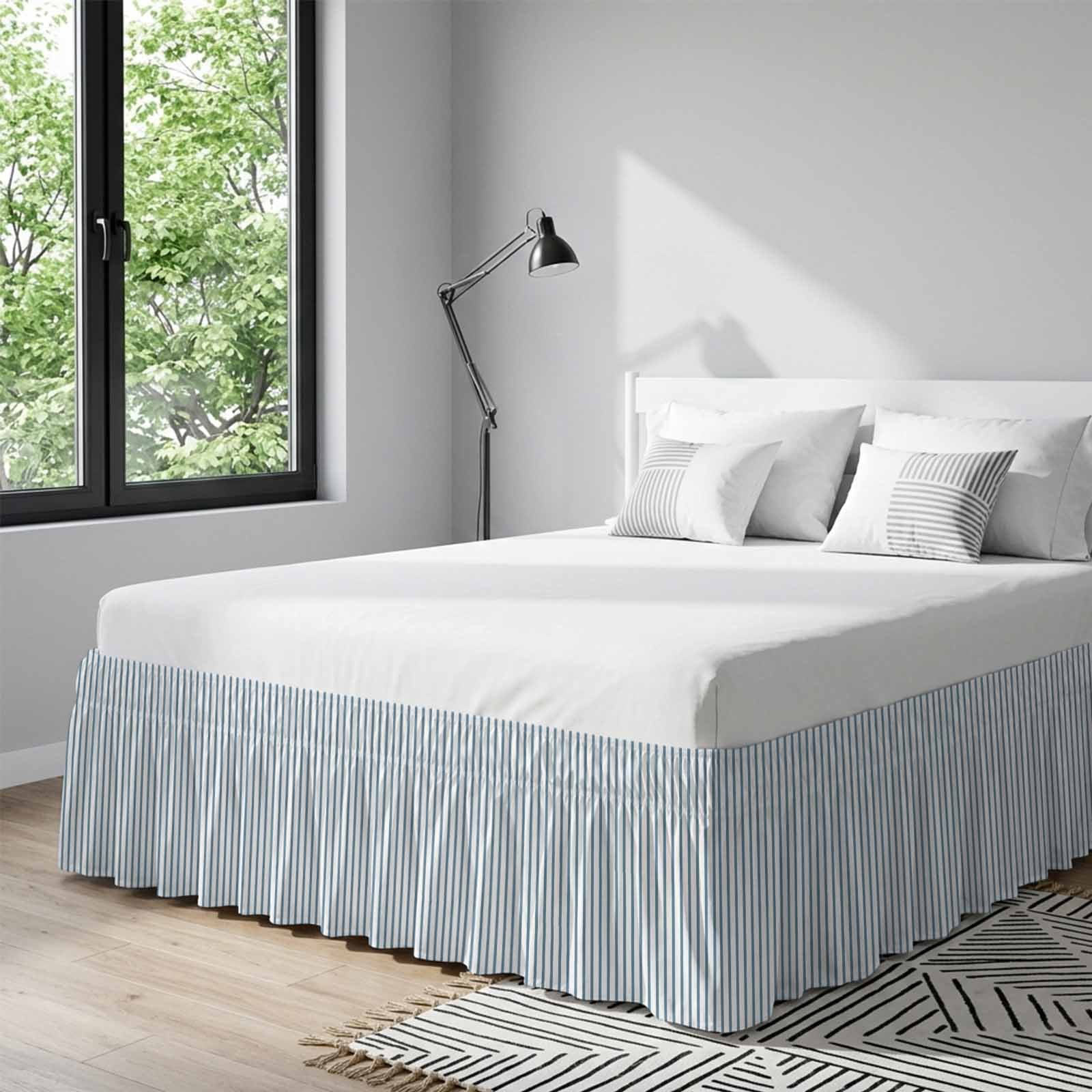 Bed Skirt Blue White Stripe Pattern Adjustable Elastic Wrap-Around Dust Ruffle with Simple Style Light Blue Pinstriped 16 Inch Drop, Bed Frame Cover for Queen Size Bed