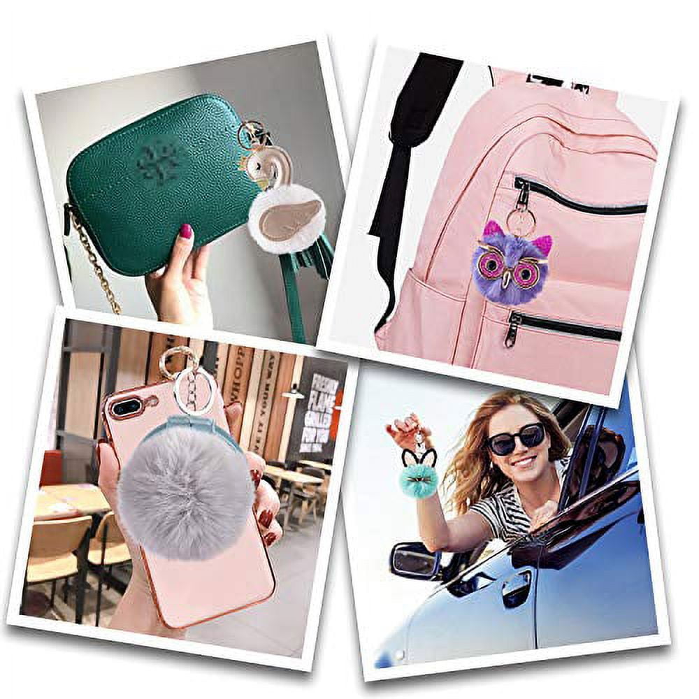 6Pcs Pom Pom Keychains incl. 1 Compact Travel Makeup Mirror Cute Puff Ball Keychain  Bulk for Women Girls Hand Bag Backpack Charm Key Rings (Mix6 #1) 