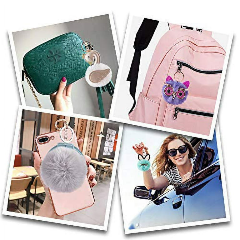 THABLELY 6pcs Pom Pom Keychain Bulk W Travel Makeup Mirror Cute Fluffy Faux Fur Balls for Women Girls Bag Purse Charm Car Key Rings