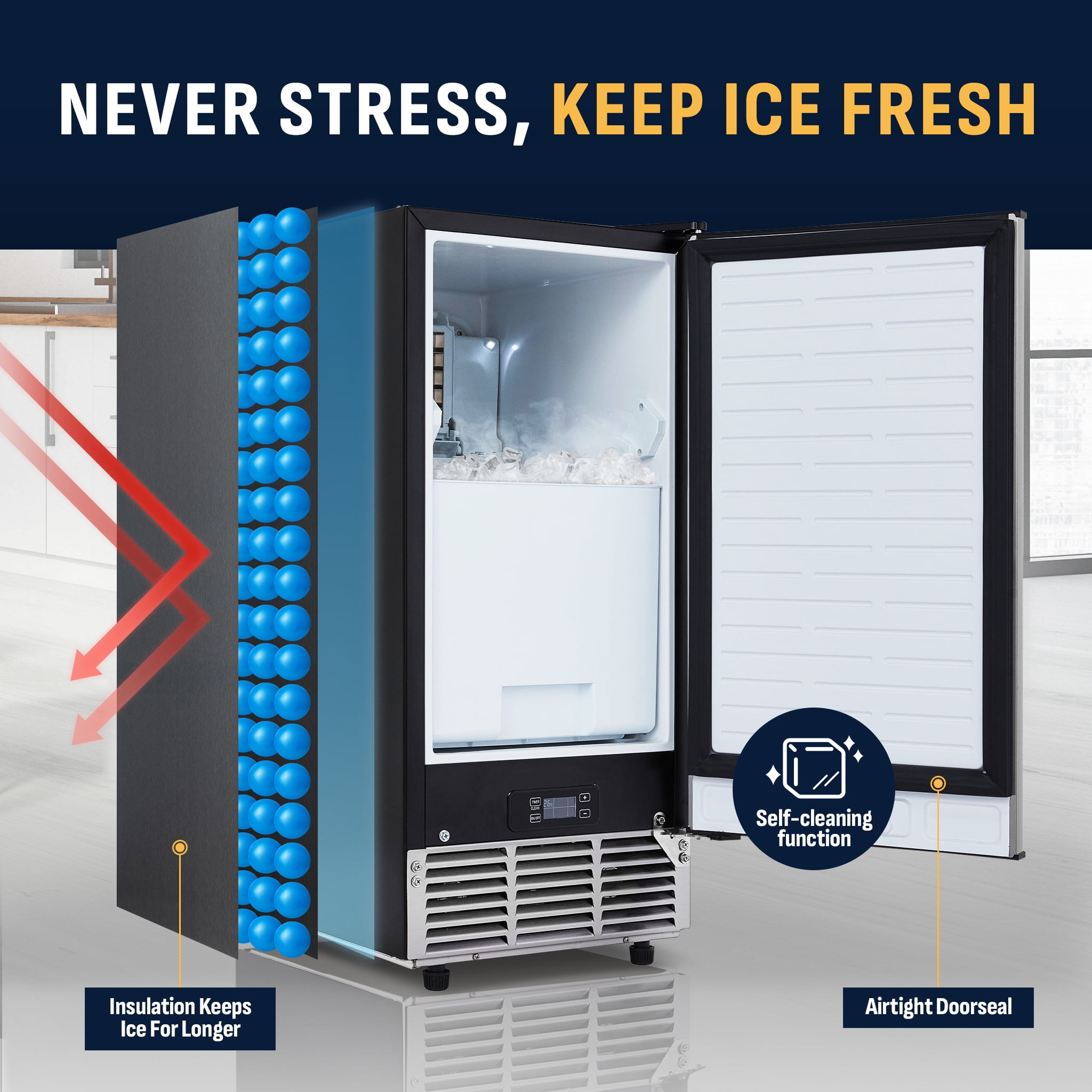 Newair 15” Undercounter 80 lbs. Daily Clear Ice Cube Maker Machine, Built-in or Freestanding Design, 40 Cubes ready in 15-30 Mins, Fingerprint Resistant Door, Self-Cleaning Function, LED Controls
