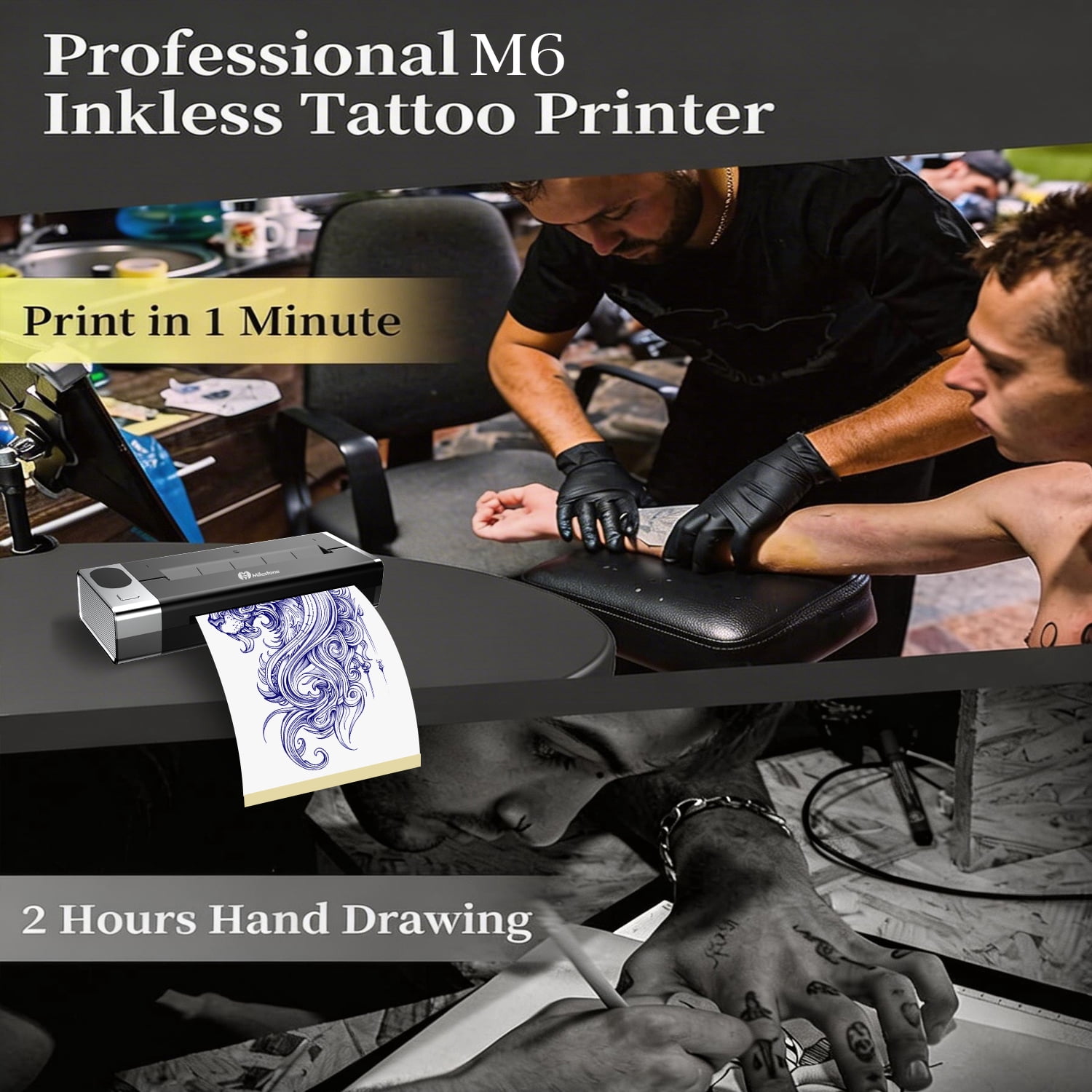 MHTMilestone M6 Inkless Tattoo Stencil Printer, Wireless Bluetooth Tattoo Transfer Printer with 1500mAh Battery, Portable for Tattoo Artists & Studio