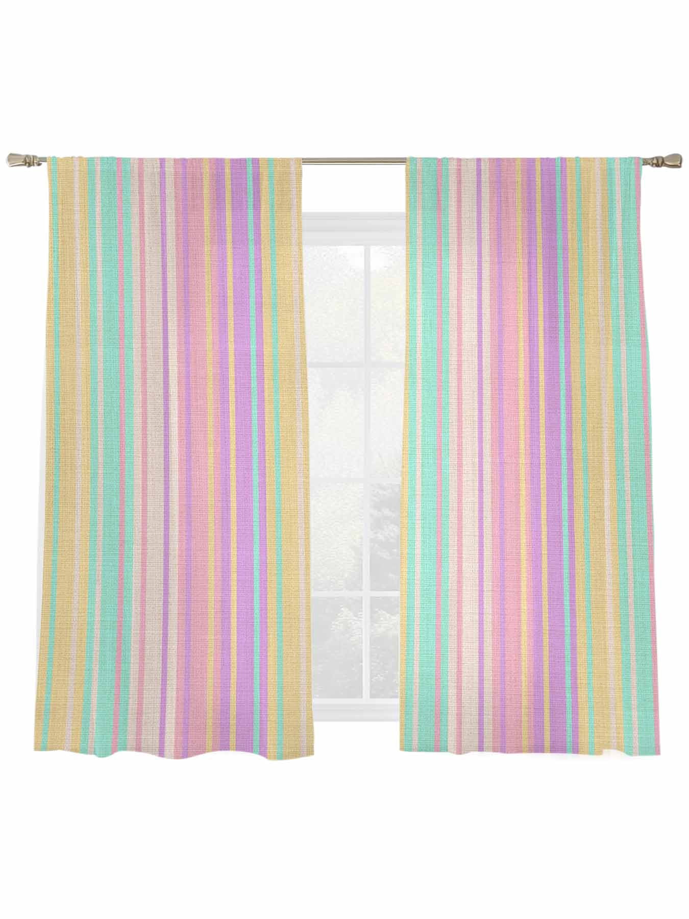 Sheer Curtains 72 Inches Long 2 Panels, Pastel Colors Vertically Striped Rod Pocket Curtain Voile Draperies, Modern Vintage Linen Light Filtering Window Treatment for Living Room Kitchen Bedroom