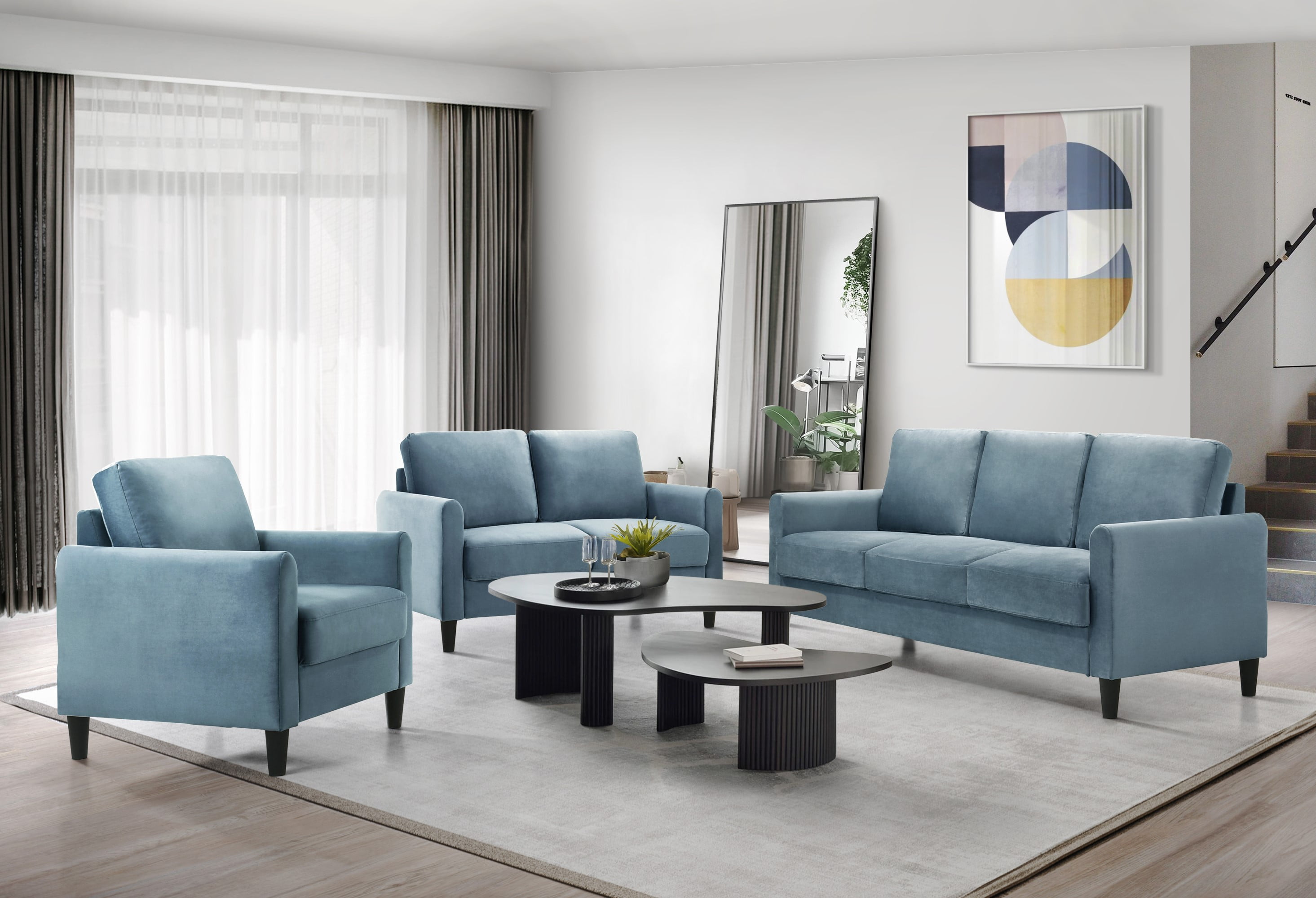 Home Design Airell Velvet Arm Chair with Plush Armrests and Sleek Black Legs, Modern Upholstered Design for Living Room, Blue