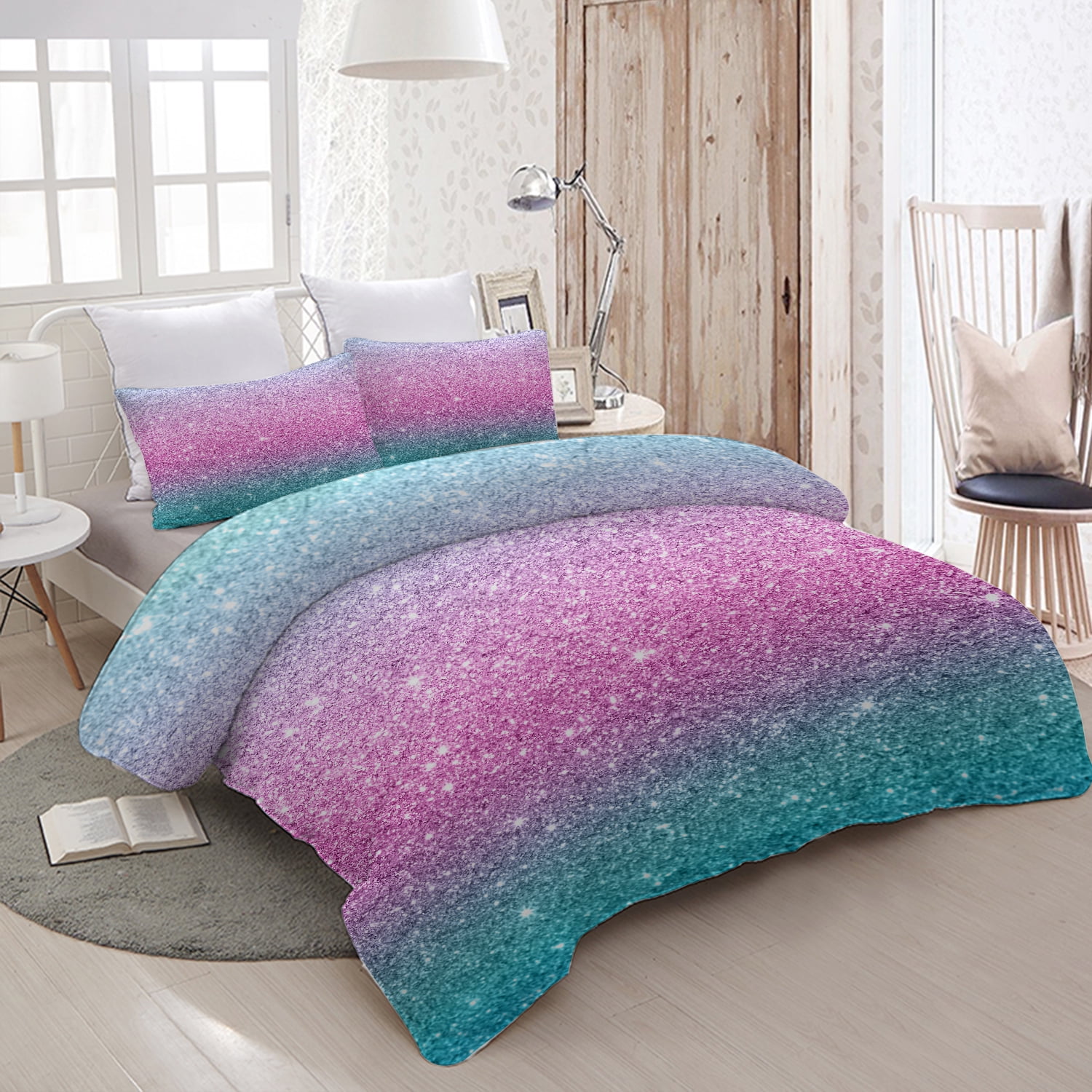 Kids Teen Comforter Set Full Twin Unicorn Floral Teal Blue Pink Striped Bedding 