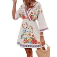 thumbnail image 2 of Women'S V-Neck Floral Print Bell Sleeve Elastic Waist Dress Casual Mini Dress White L, 2 of 9