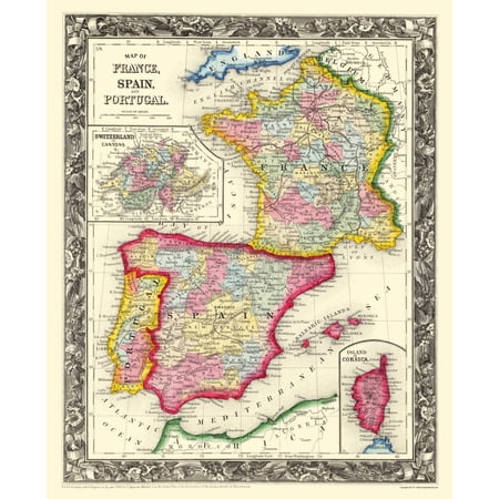 Historic Map - France Spain Portugal - Mitchell 1860 - Vintage Wall Art