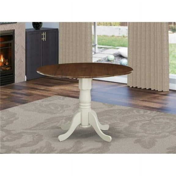 DMT-WLW-TP Dublin Dining Table Made of Rubber Wood offering Walnut Finish Table Top with Two 9 Inch Drop Leaves, 42 Inch Round, Linen White Pedestal