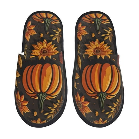 Balery Autumn Pumpkin Leaves Slient Indoor Furry Fleece Comfort House Shoes Soft Non-Slip Home Shoes Cotton slippers House Slippers-- Large
