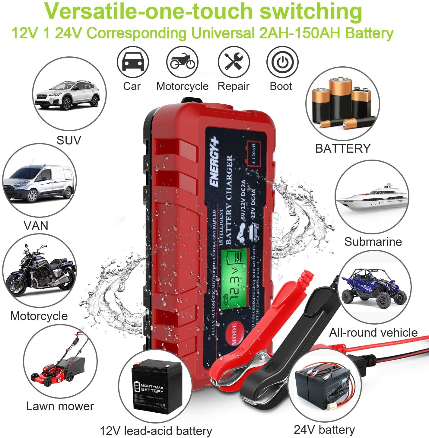 ATV Motorcycle SUV Boat RV Wet Dry Lead Acid Battery-Chargers with Digital LCD Display for Car 12V 6A Smart Battery Charger//Maintainer Kecheer Battery Charger Full Automotive Lawn Mower