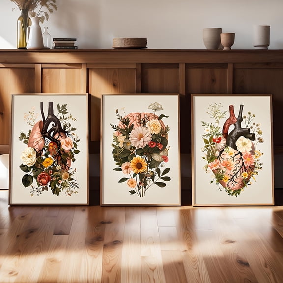 3pcs Art Deco Floral Anatomy Canvas Wall Art Prints - Modern Retro Botanical Heart Lungs Brain Posters, Spring Season Indoor Portrait Orientation, Frameless Painted Artwork for Living Room, Bedroom,
