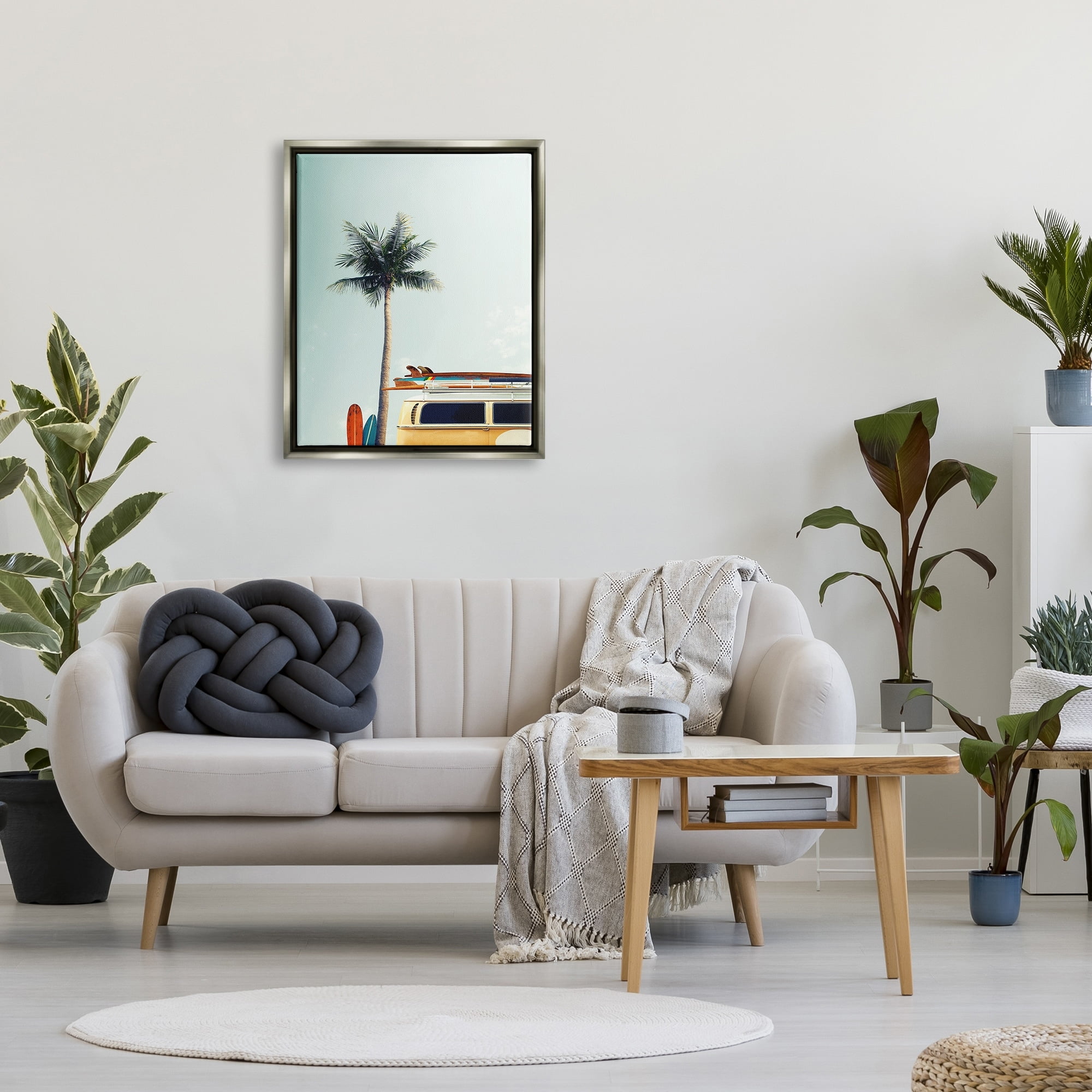 Stupell Industries Surf Bus Yellow With Palm Tree Photography Luster Gray Framed Floating Canvas Wall Art, 24x30, by Design Fabrikken