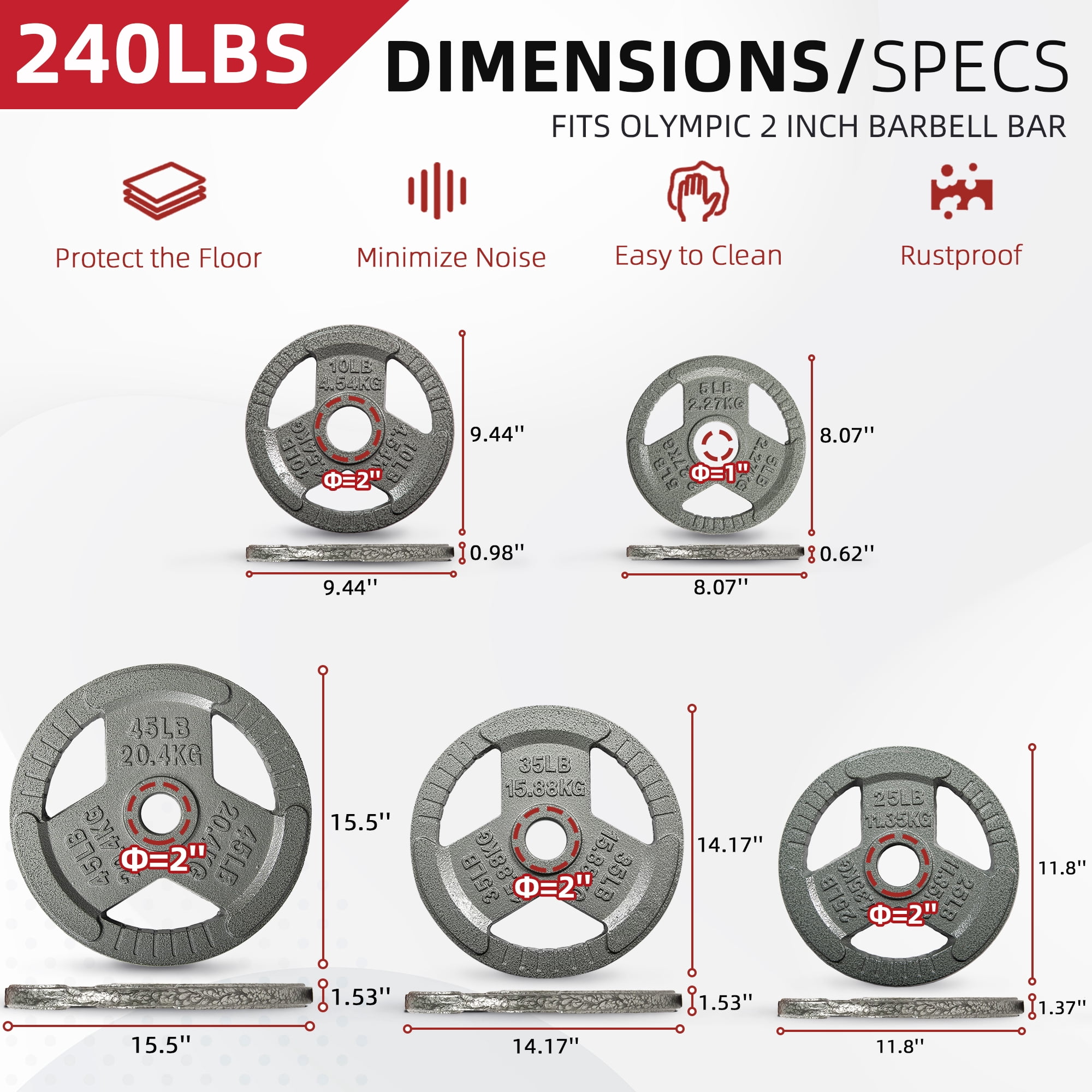 FlexWave Barbell 2-Inch Olympic Bumper Plate Weight Set, 80-240 lbs, Multiple Options
