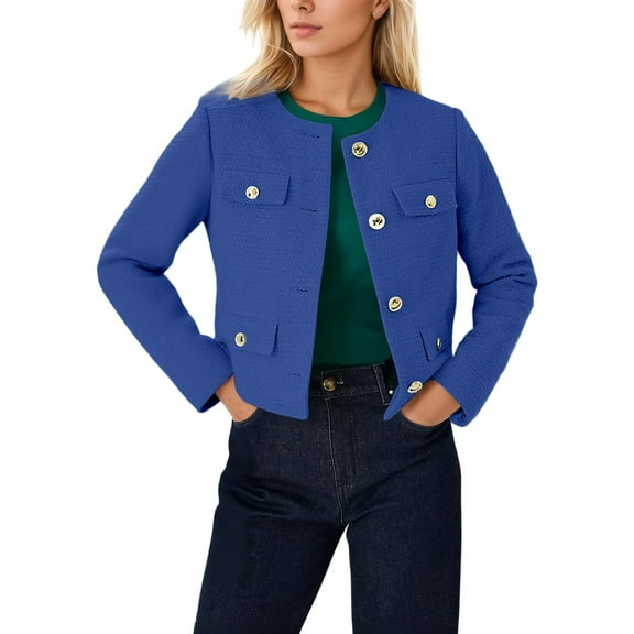 Women Tweed Jacket Cropped Blazers Round Neck with Pockets Business Fall Coat BU2 M