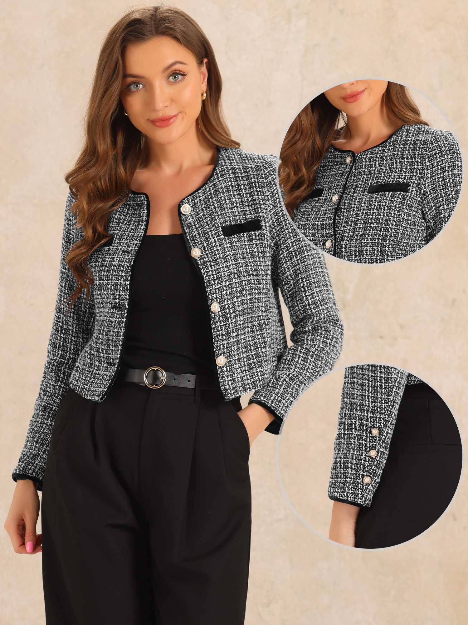 DARING DIVA Tweed Jacket Round Neck Button Front Closure Long Sleeve XS Black-White