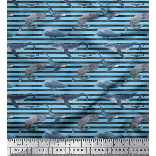 Soimoi Cotton Cambric Fabric Stripes & Whale Fish Ocean Print Fabric by The Yard 56 Inch Wide