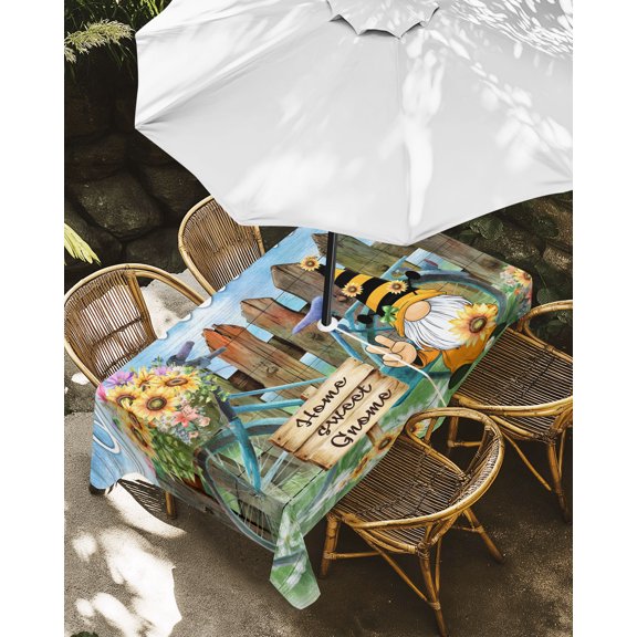 Outdoor Tablecloth with Umbrella Hole, Welcome Words on Wood Board Zippered Table Cloth for Rectangle Tables, Sunflowers Gnome Washable Waterproof Tablecloths for Picnic Patio Garden