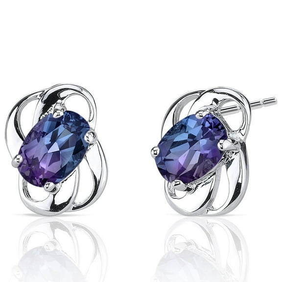 Peora Simulated Alexandrite Earrings for Women 925 Sterling Silver, Color-Changing 2 Carats Total Oval Shape 7x5mm, Friction Backs