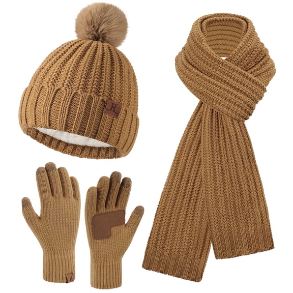 FZ FANTASTIC ZONE Womens Winter Warm Beanie Hat Long Neck Scarf Touchscreen Gloves Set Knit Skull Caps Pompom with Fleece Lined Gifts for Women, Brown