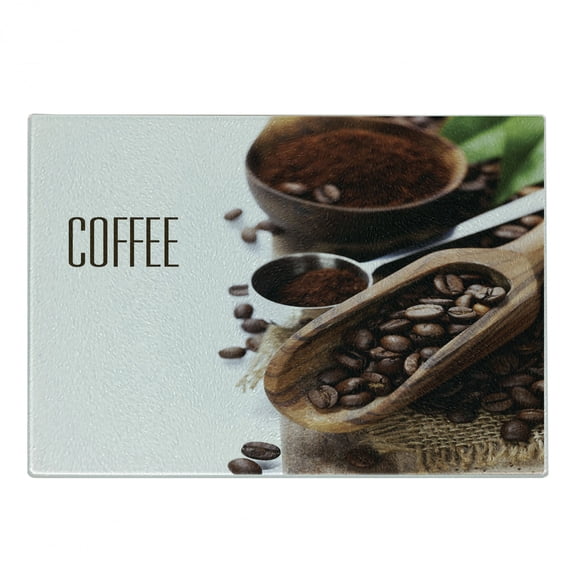 Coffee Cutting Board, Bean and Ground Plants Filter Coffee Equipment Caffeine Addiction and Tropic Taste, Decorative Tempered Glass Cutting and Serving Board, Small Size, Brown Green, by Ambesonne