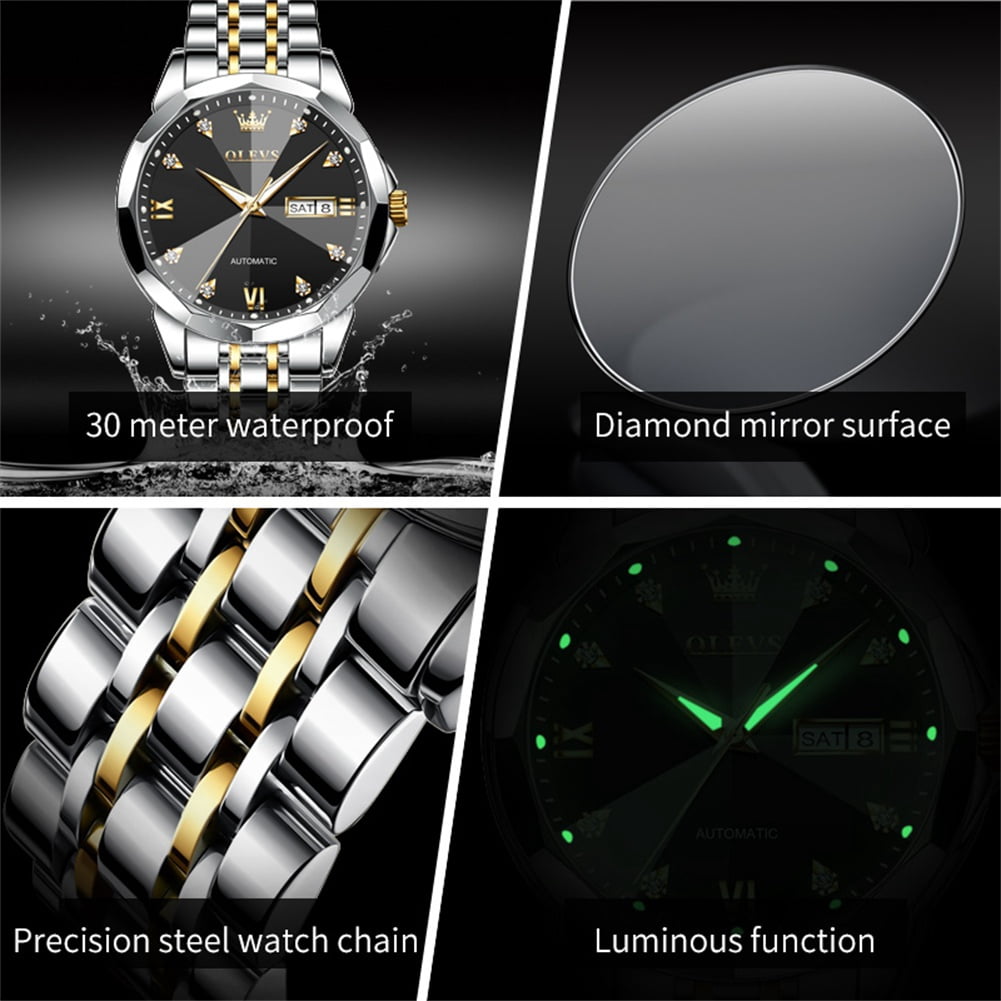 OLEVS Automatic Watches for Men Self Winding Mechanical Luxury Dress Stainless Steel Two Tone Strap Diamond Waterproof Luminous Date Mens Wrist Watches Reloj Para Hombre Black/Blue/Gold/White