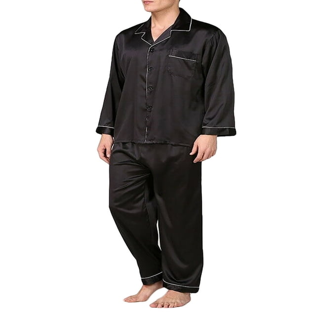 Mens Silk Satin Pajamas Sets Long Sleeve Button Down Tops+Pants Loungewear Plus Size