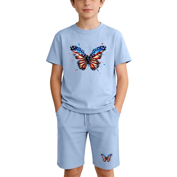 Kids 4th of July Outfit Light Blue Butterfly American Flag T Shirt Shorts Set 2 Piece Kids Boys Girls Patriotic Summer Clothes,Size 11 T