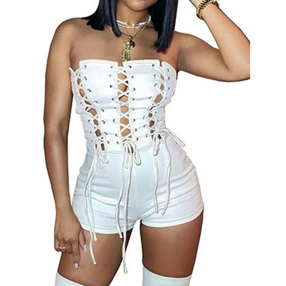 Seyurigaoka Women's Casual Off Shoulder Playsuit, Solid Color Sleeveless Strapless Bandage Skinny Fit Bodysuit