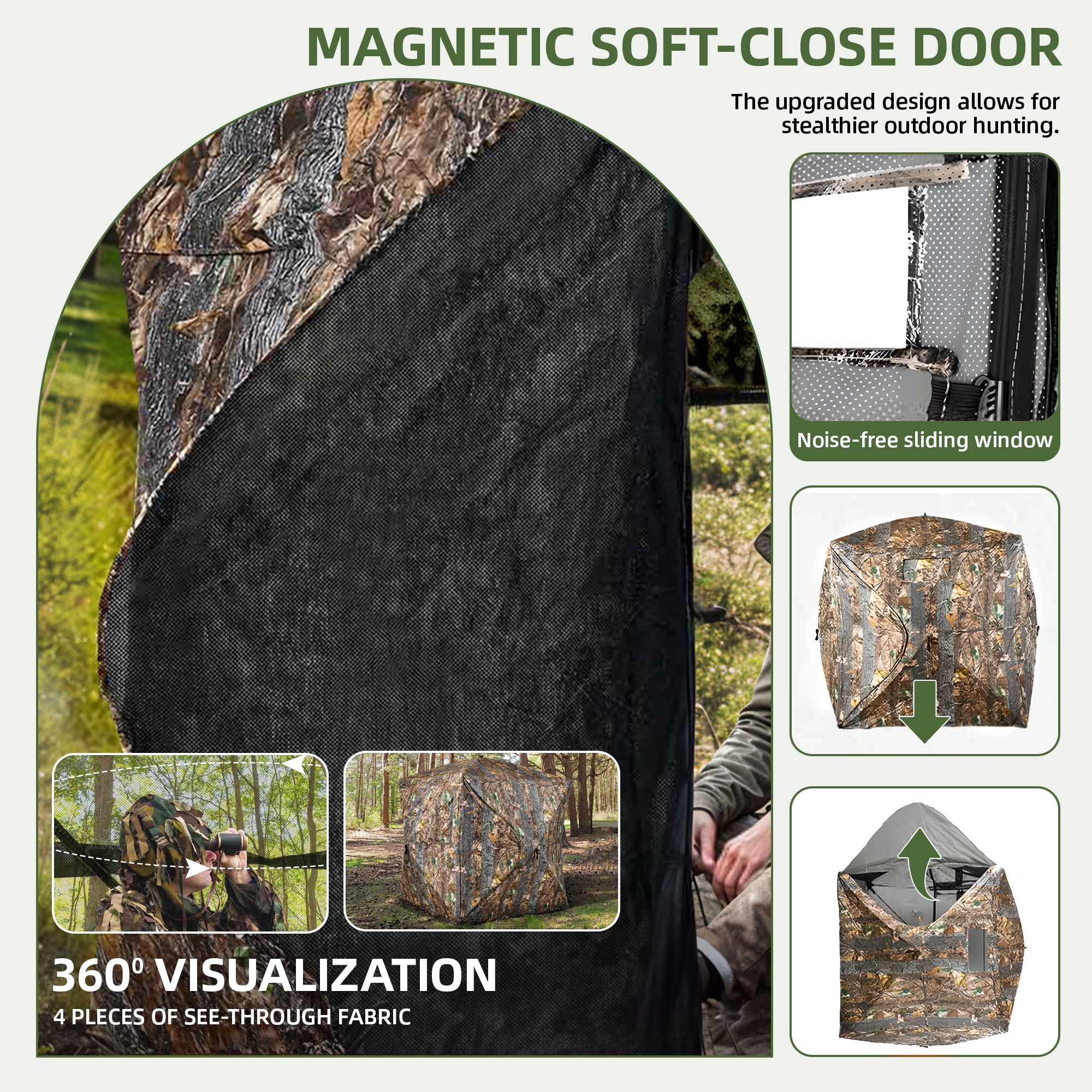 Uforic 360° See Through Ground Hunting Blind for 3-4 Persons, Pop-up Ground Blind With Tri-Leg Chair, Silent Magnetic Zipper Door and Carrying Bag
