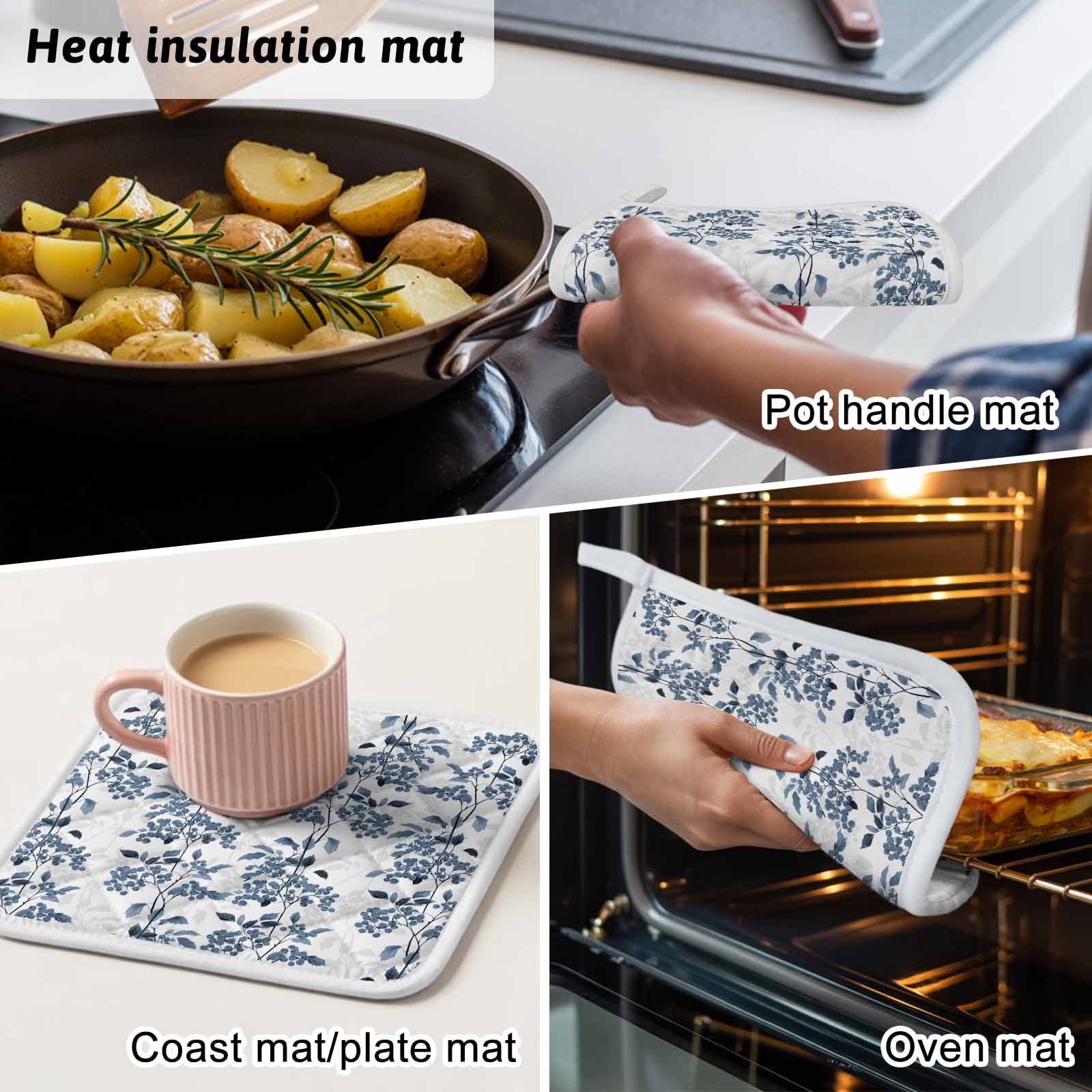 Blue Fruit Pot Holders for Kitchen Heatproof Potholder, 3 Pack Vintage Plant Nature Botanical Flower Floral Hot Pads Multipurpose Oven Pads Cloth Potholders Trivet for Cooking Baking