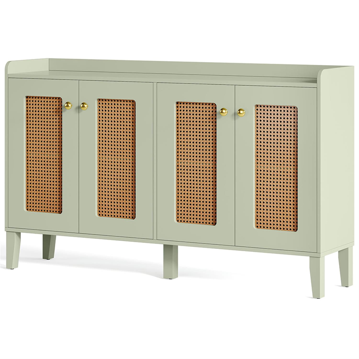 Demi Bonn 59" Sideboard Buffet Storage Cabinet with Storage Shelves, Credenza Accent Rattan Cabinet for Kitchen Entryway Living Dining Room, Green