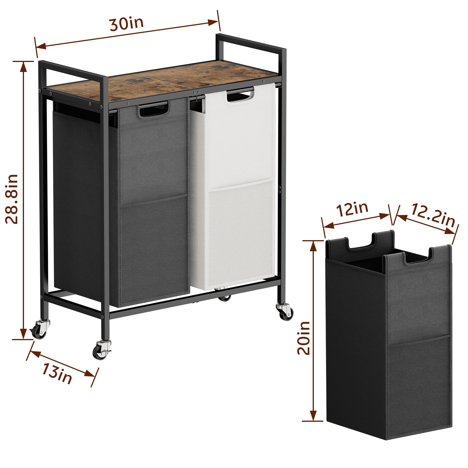 112L/30 US gal Laundry Sorter Organizer with Wheels, Rolling Laundry Hamper Laundry Basket Organizer with 2 Section Pull-Out Drawers,Top Shelf and 4 Wheels