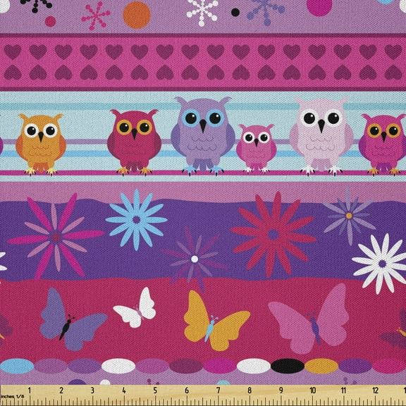 Owl Fabric by The Yard, Striped Cartoon Style Pattern with Owls Flowers Butterflies Hearts and Snowflakes, Microfiber Fabric for Arts and Crafts Textiles & Decor, 1 Yard, Magenta, by Ambesonne