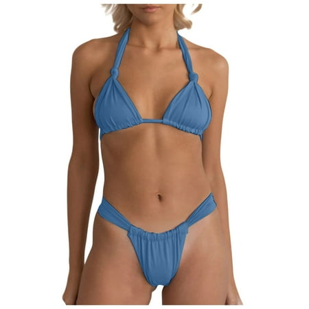 GEWSEY Women Sexy Brazilian Bikini 2 Piece Spaghetti Strap Top Thong Swimsuit Bathing Suit Grey  S
