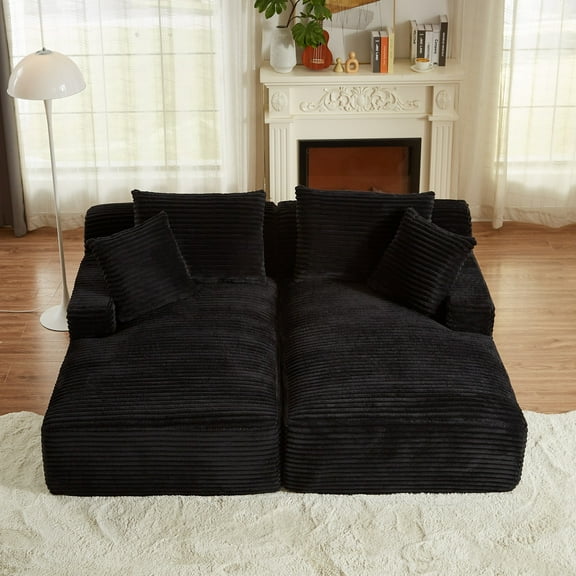 Kosynda 79"W Oversized Double Lounge Chaise with Upholstered Corduroy, Boneless Sleeper Sofa Couch Bed for Living Room, No Assembly Required, Black