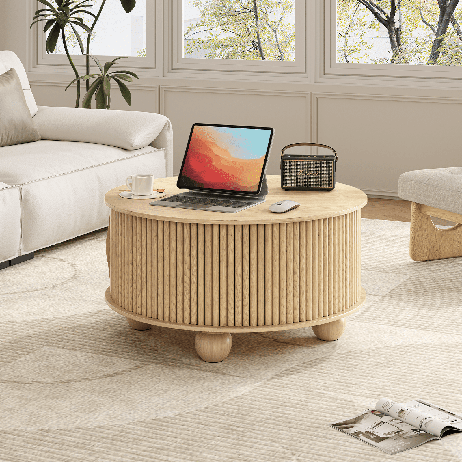 unico loop living table　1180✖︎530✖︎385 JOINICE Round Coffee Table with Storage and Flip Top,Circle Fluted